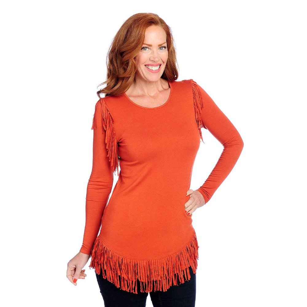 NWOT - Stretch Knit Long Sleeved Scoop Neck Fringed Tunic, Size M